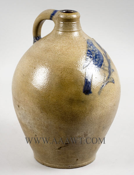 Crolius Stoneware Jug, Ovoid, Incised Cobalt Bird on Leafy Branch
Attributed to the Crolius Family of Potters
New York City
Circa 1775 to 1810, entire view